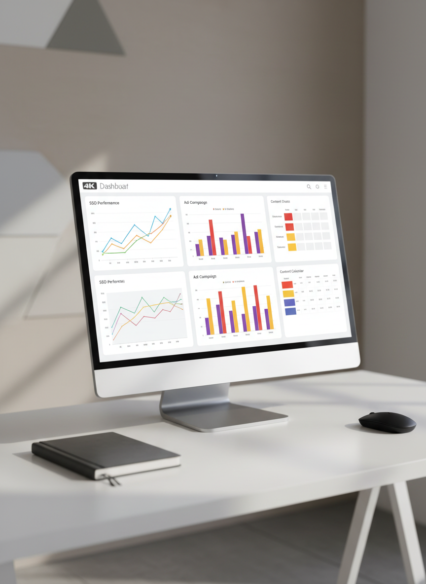 A sleek, ultra-modern digital marketing dashboard displayed on a thin, silver 4K monitor with a near-borderless frame, showing colorful SEO graphs, ad performance charts, and content calendars in crisp detail. The monitor sits on a clean white desk with a matte finish, beside a closed charcoal-gray notebook and a minimalist black wireless mouse. Soft, diffused daylight from an unseen window illuminates the scene, casting gentle, realistic shadows and subtle reflections on the desk. Photographed at an eye-level angle with a shallow depth of field, the background fades into a softly blurred neutral wall with a hint of abstract geometric artwork. The mood is professional, focused, and data-driven, with a photographic realism and clean, modern aesthetic ideal for a digital marketing brand homepage hero image.