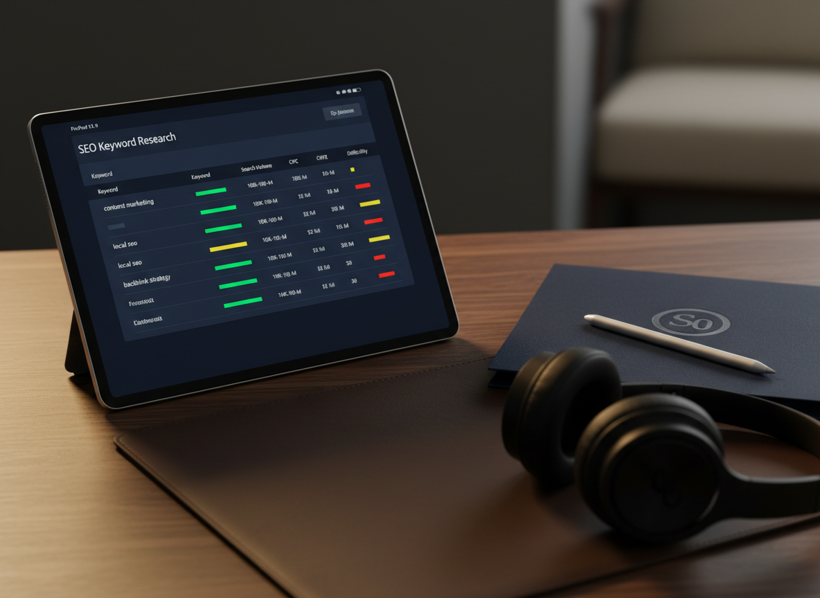 A close-up, cinematic shot of a high-resolution tablet lying on a dark walnut desk, displaying a detailed SEO keyword research interface with color-coded columns, search volumes, and difficulty scores. Next to the tablet is a neatly arranged set of branded materials: a navy-blue folder embossed with a subtle metallic logo, a slim silver pen, and a pair of matte-black over-ear headphones resting on a leather desk pad. Warm, directional light from a desk lamp outside the frame creates dramatic side lighting, casting elongated shadows and soft highlights on metal and leather textures. The background falls into a smooth bokeh of deep neutrals. Photographic realism with a moody yet professional atmosphere emphasizes meticulous, insight-driven digital marketing work focused on search optimization and strategy.
