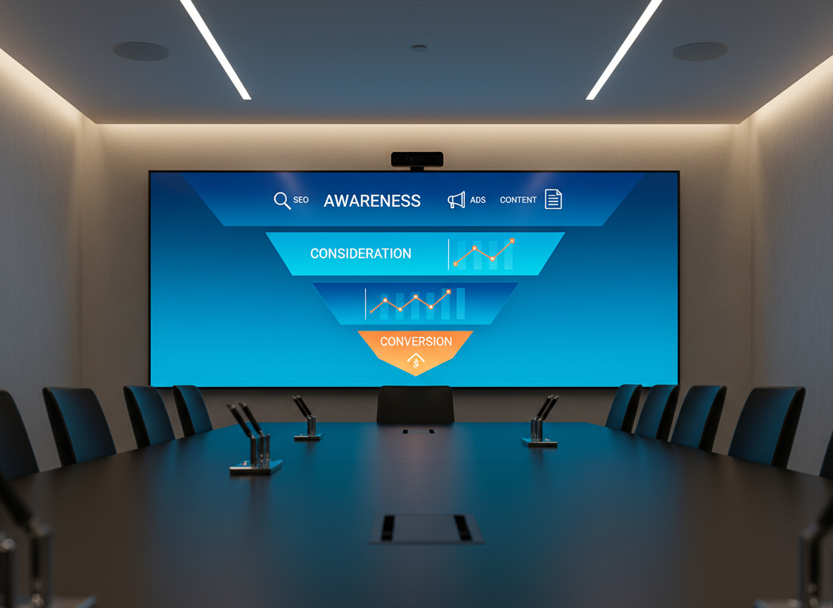 A large, wall-mounted, ultra-wide digital screen in a minimalist conference room, displaying a vibrant marketing funnel visualization with stages labeled awareness, consideration, and conversion in clean, modern typography. The screen glows with rich blues, teals, and accent oranges, showing icons for SEO, ads, and content branching into upward-trending line graphs. The room features a long matte-black table surface in the foreground and a subtle, blurred background of neutral walls and indirect LED strip lighting. Soft overhead lighting balances the glow of the screen without glare, creating a sophisticated, high-tech atmosphere. Shot from a low, slightly angled perspective toward the screen, depth of field keeps the visual content crisp while the surroundings fade gently. The mood is confident, analytical, and future-focused, reflecting a professional digital growth agency.