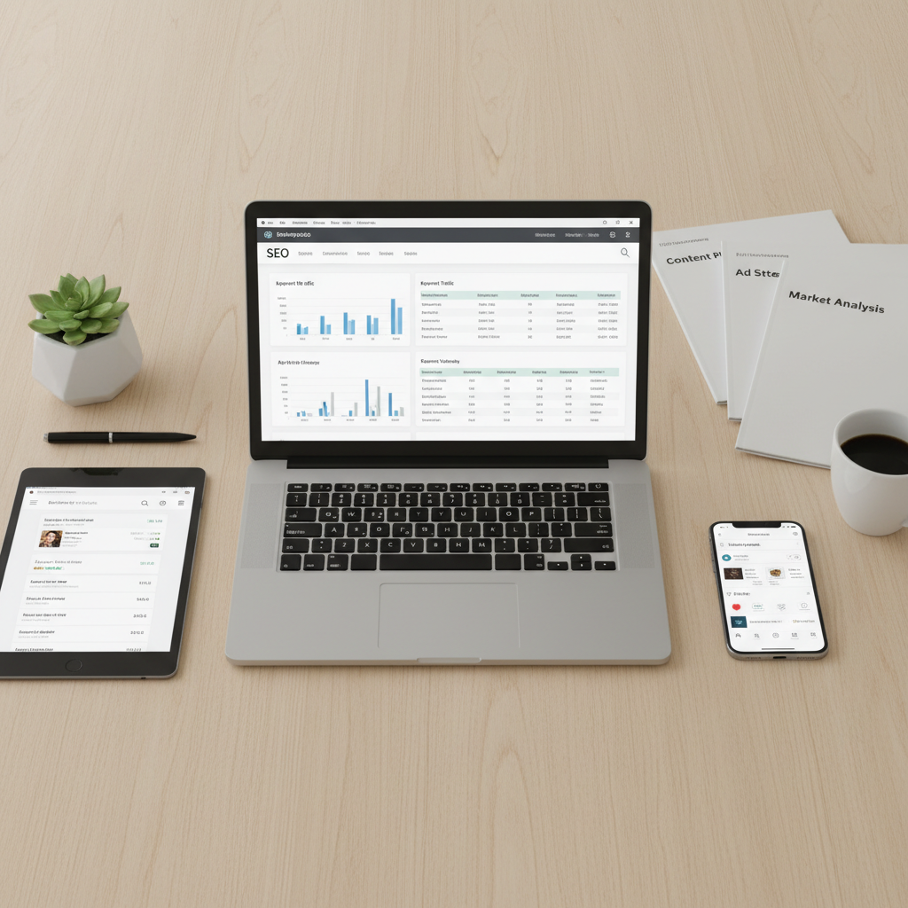A flat-lay composition of a carefully arranged digital marketing workspace on a smooth, light oak desk. At the center lies an open silver laptop displaying a detailed SEO analytics interface with keyword rankings and traffic charts. Surrounding it are a dark graphite tablet showing a pay-per-click campaign dashboard, a smartphone with social media metrics, and neatly stacked brand strategy documents with visible headings like “Content Plan” and “Ad Strategy.” Soft studio lighting from above creates even illumination with gentle shadows that define each object. The background is uncluttered, emphasizing order and clarity. Captured in sharp photographic realism, the mood is organized, strategic, and professional, conveying the precision and planning behind effective digital marketing for business growth.